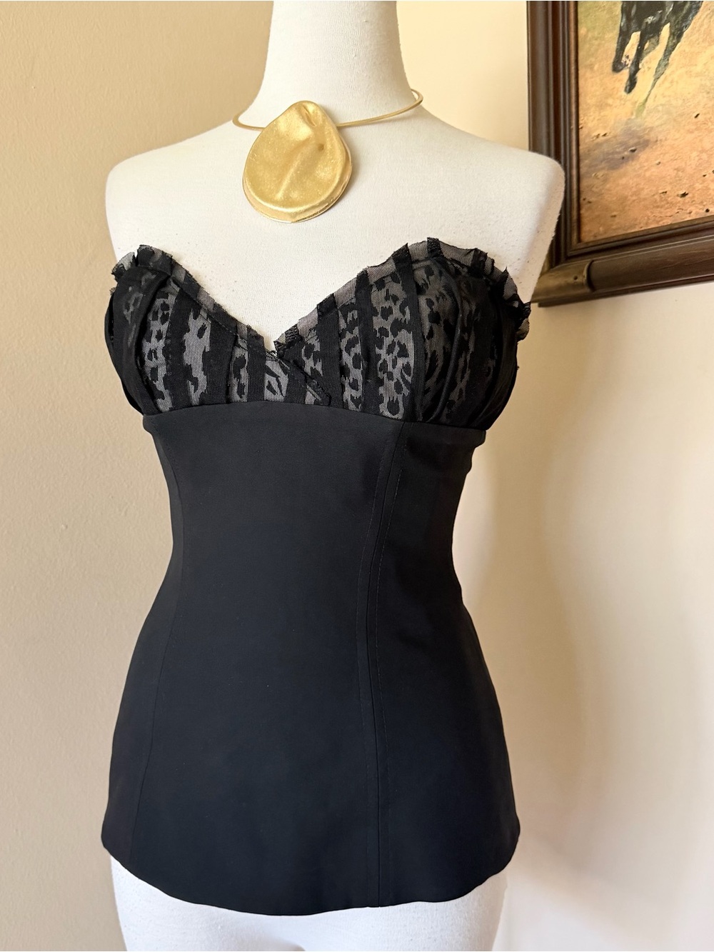 Alvin Valley Silk Strapless Black Bustier Top with Animal Print Accents